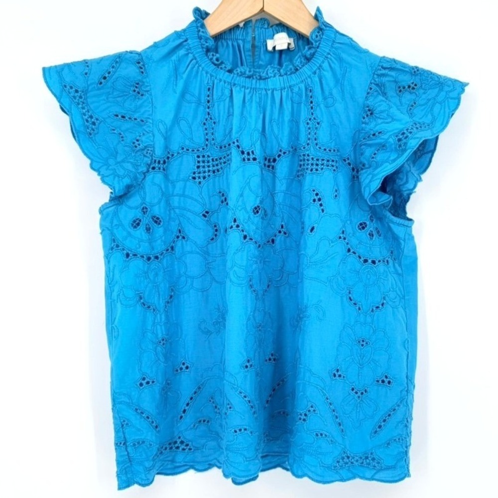 Jennifer‎ Grace Turquoise Blue Eyelet Embroidered Flutter Sleeve Blouse Small